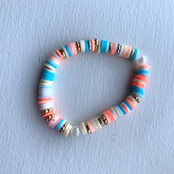 Bohemian clay bead braclet colorful stretch gold tone rings white pearls - Picture 6 of 11